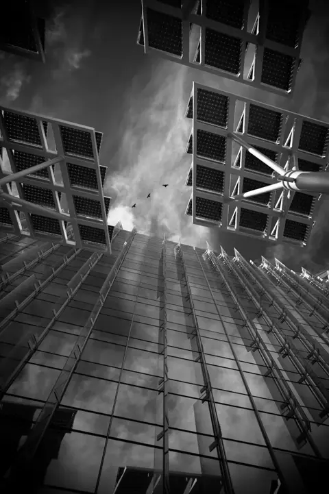sky scraper reflection b&w