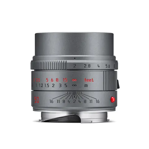 Leica APO-Summicron-M 50 f/2 with metal grey finish, front view.