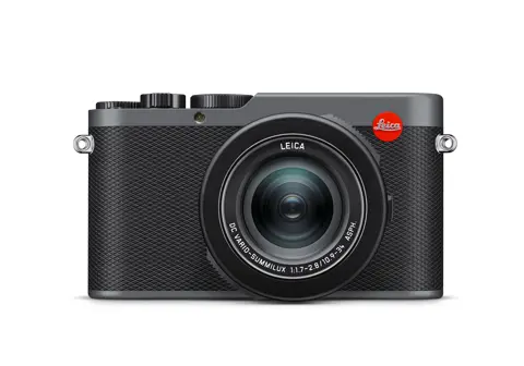 Leica D-Lux 8 with metal grey finish, front view.