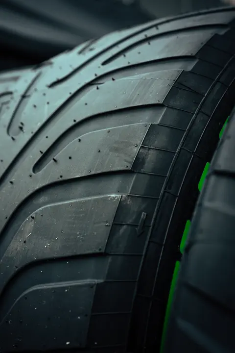 Detail view of a Formula 1 wet-weather tyre