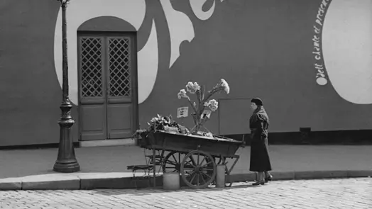Fred Stein Frau mit Schubkarre und Pflanzen am Straßenrand