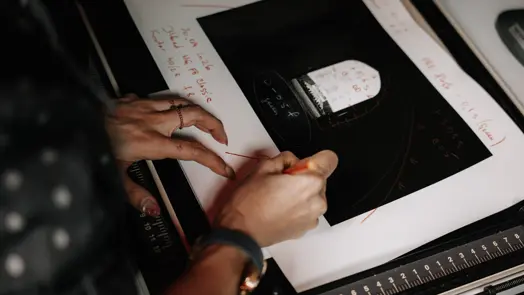 Hands marking notes on a photographic print in the darkroom.