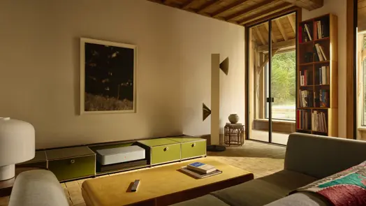 A warmly lit living room with exposed wooden beams, modular green storage units, a low coffee table, bookshelves and a framed photograph on the wall.