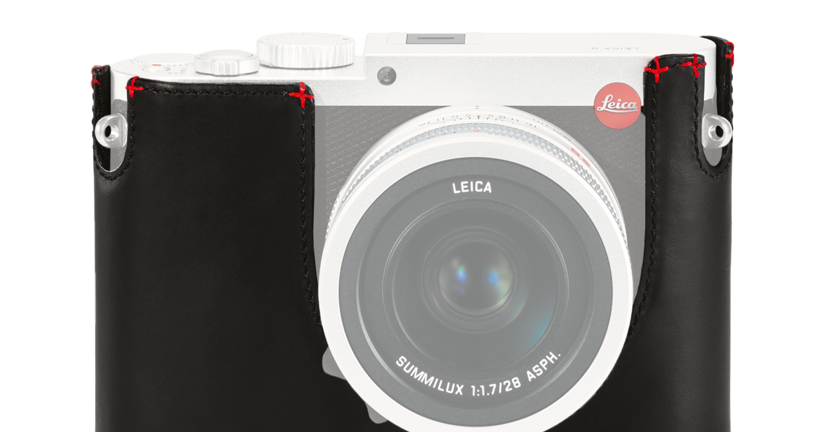 Leica protector Q, leather, black with red hand stitch