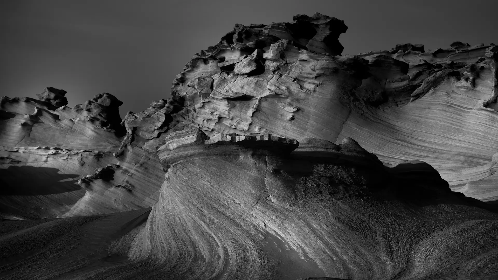 Black and white photograph of a rocky landscape