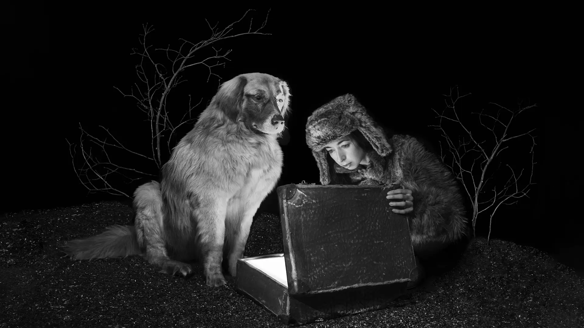 Viktoria Sorochinski and a dog looking into an old suitcase that is glowing inside. 