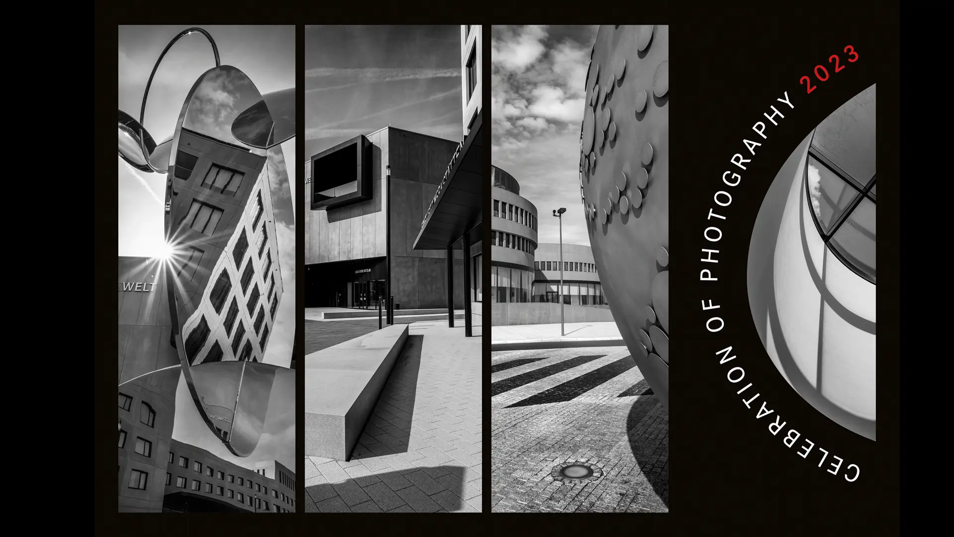 Four-part black and white image of a building, mirror image of a building and part of a stone globe.