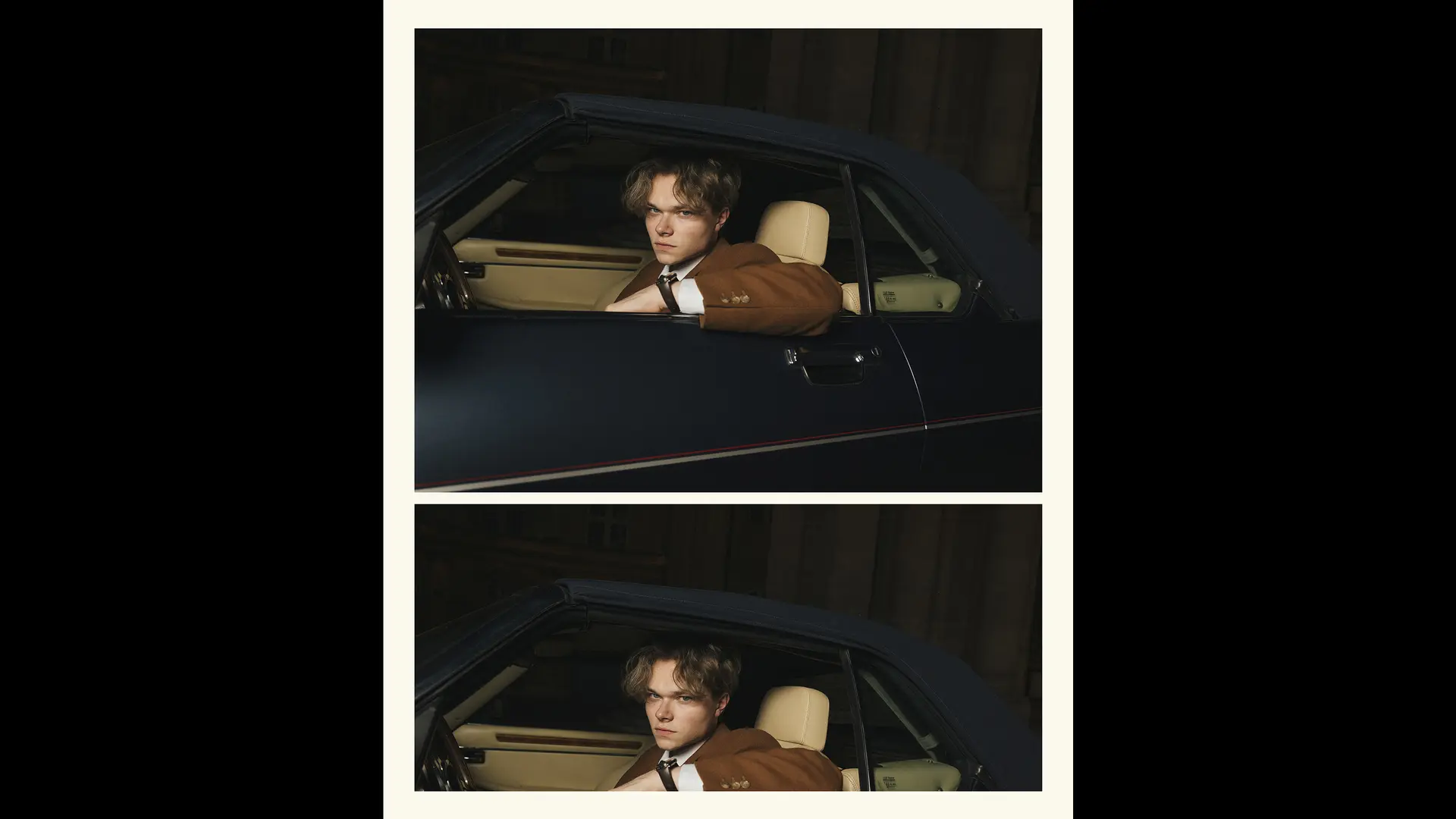 A person in a brown jacket sits in a car and looks through the open window.