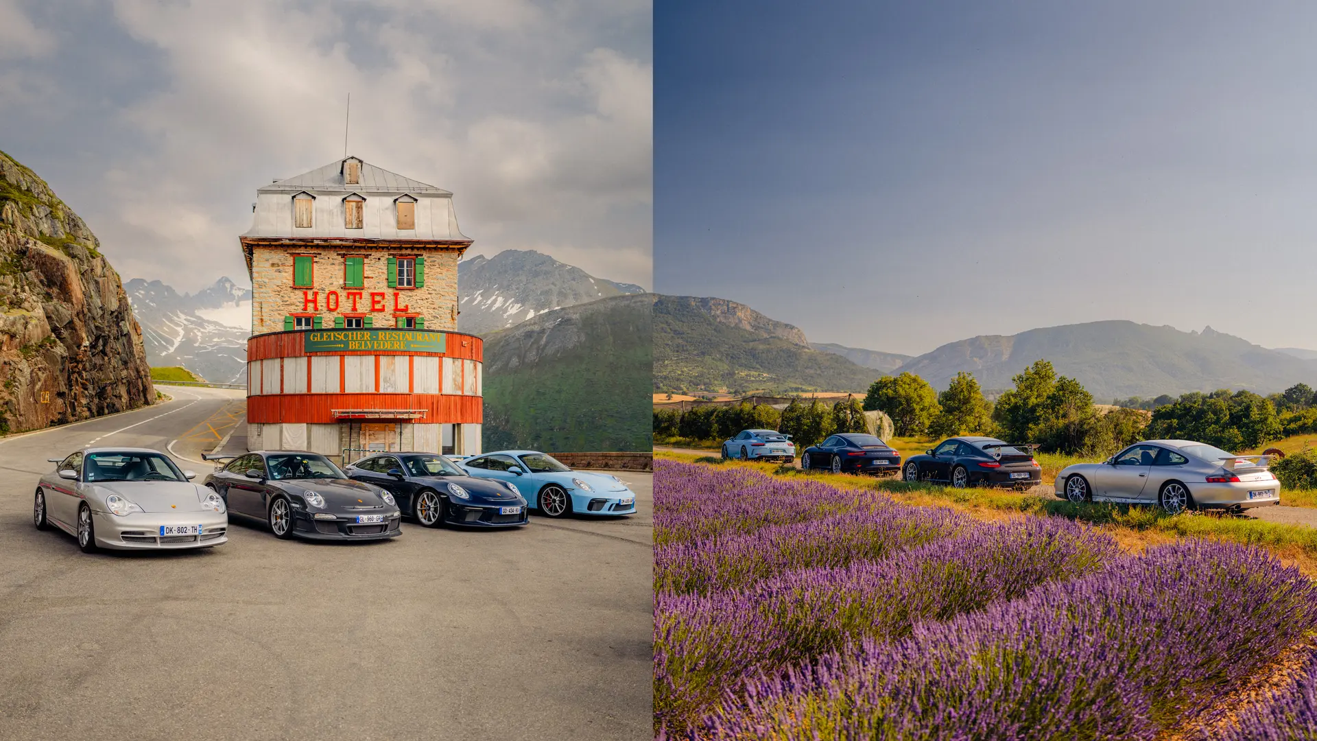Split screen of four Porsches in front of a hotel and a field of flowers in a mountainous landscape.