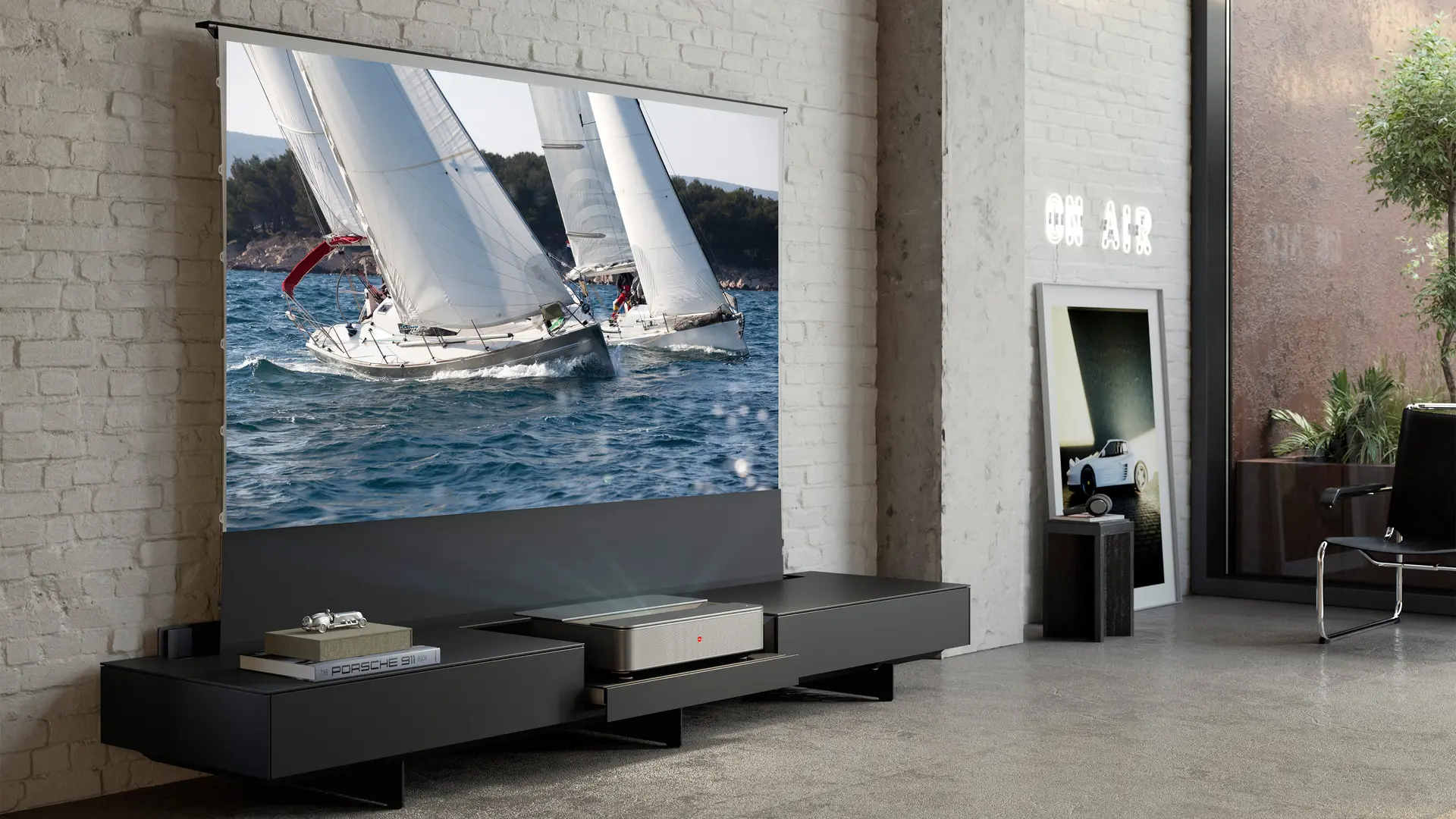 Leica Cine 1 on TV Low Board showing sailing boats on screen. 