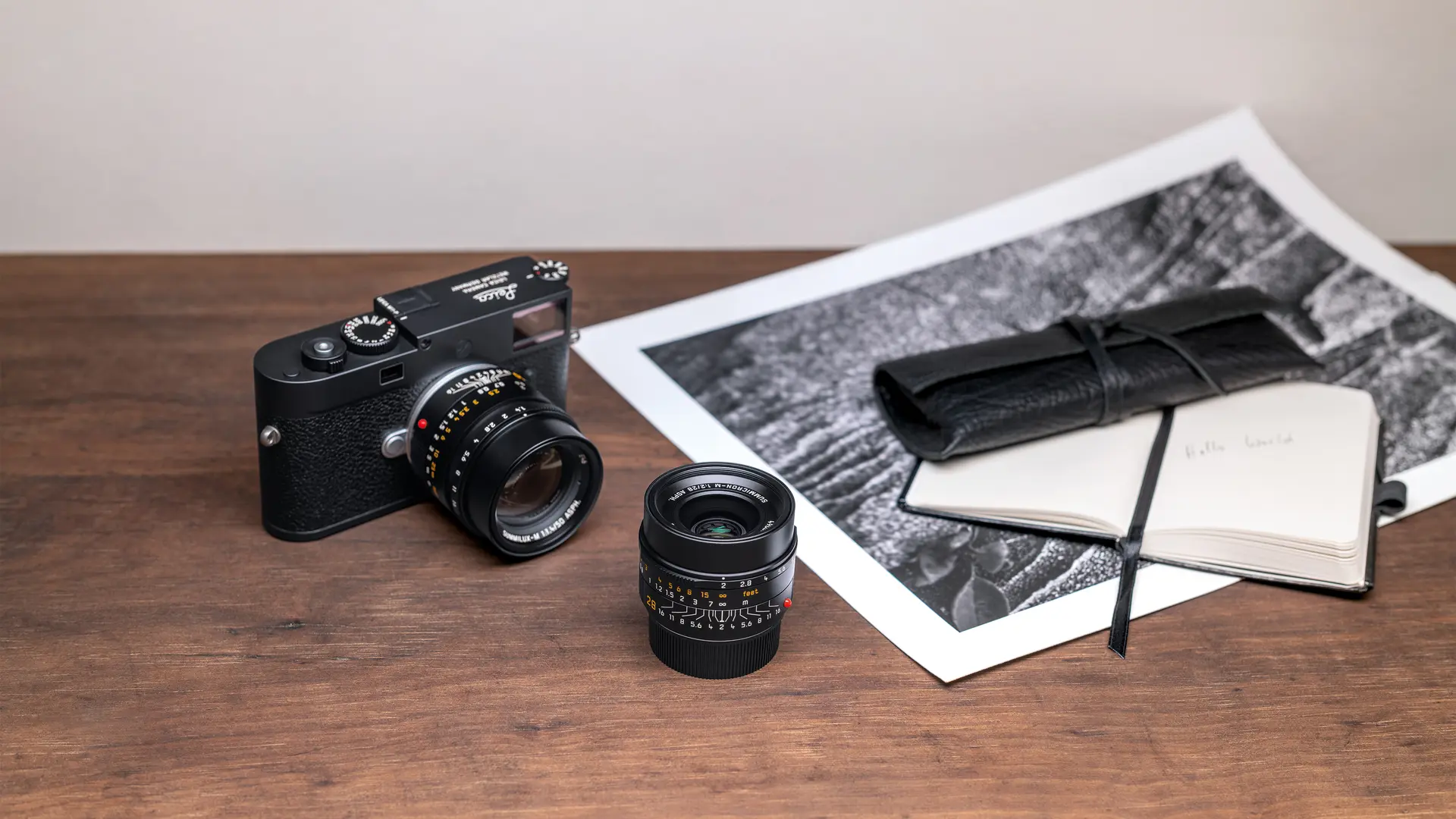 Leica M11-P and Leica Summicron M f2/28mm ASPH. on the desk