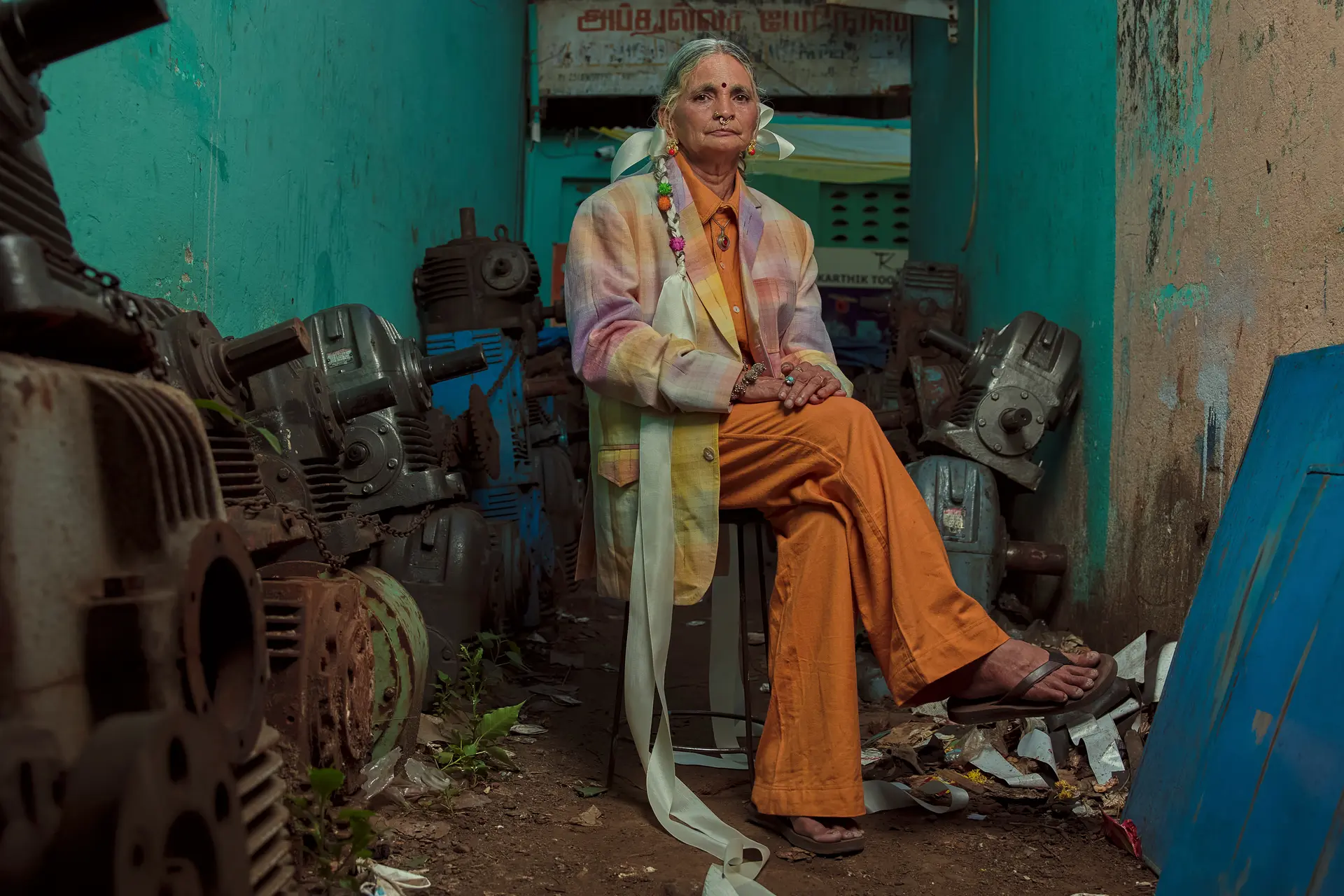 Old woman sitting in between old machines