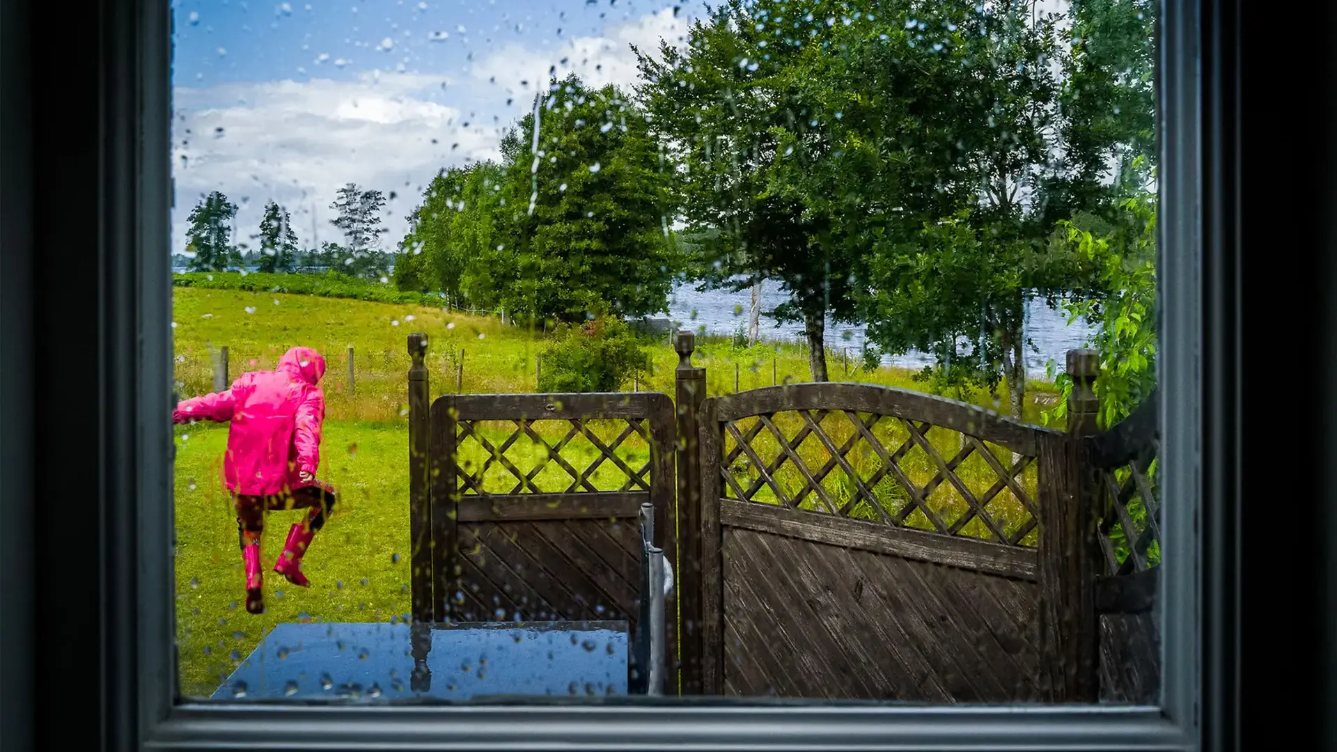 Man jumping around outside in the rain