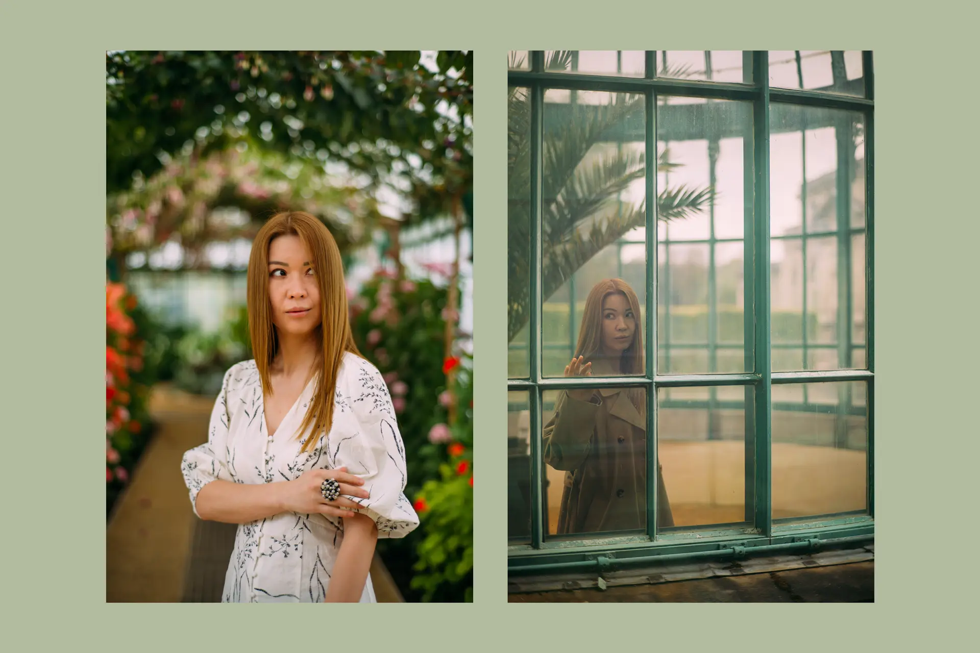 Two portraits of the same woman: one in a greenhouse and one behind a window in the greenhouse.