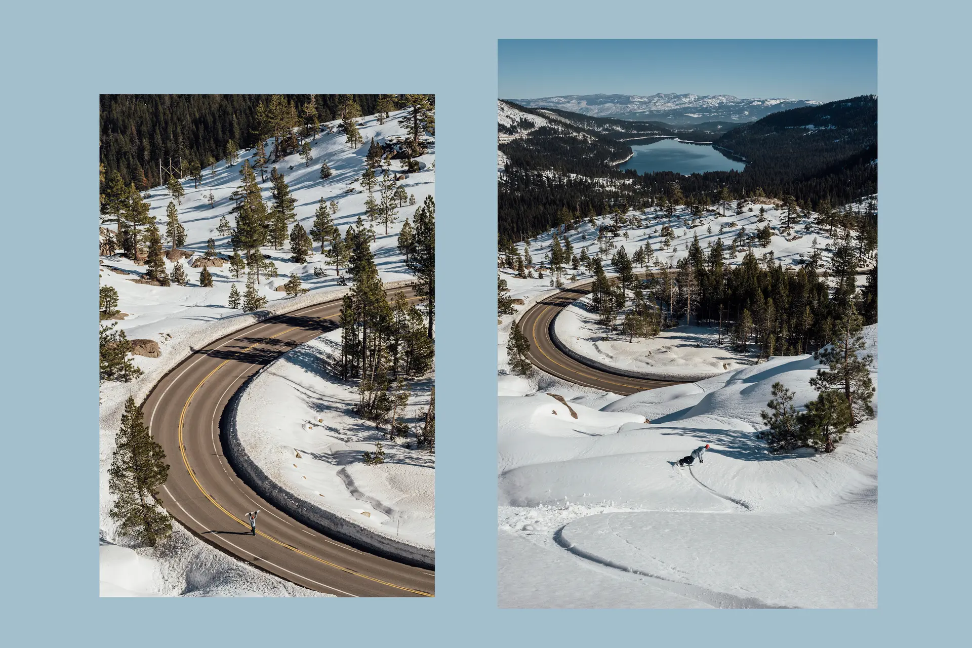Collage of two pictures of serpentines in the mountains with lots of snow