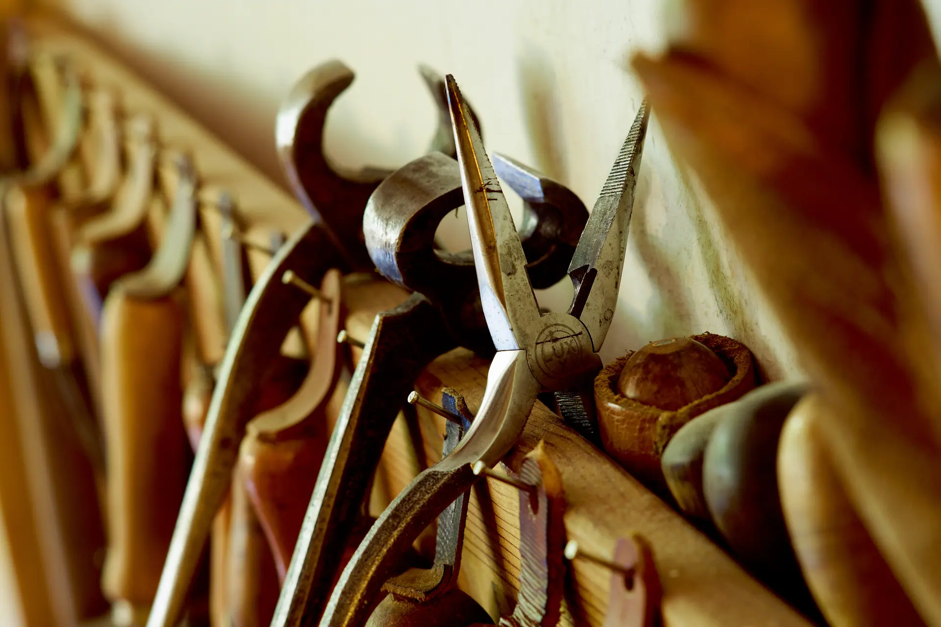 Close-up of tools on a shelf