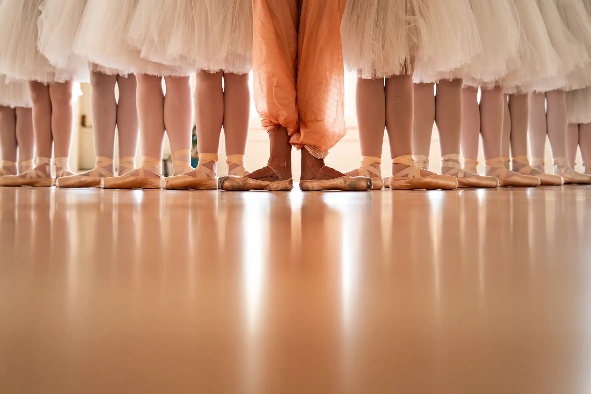many ballerina feet in two diagonal lines