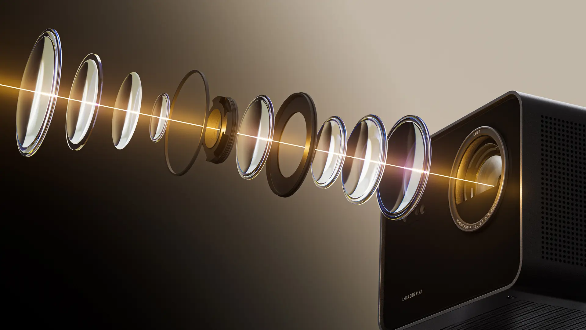 Ein Linsensystem, das Licht durch mehrere Glaslinsen in den Cine Play 1 lenkt