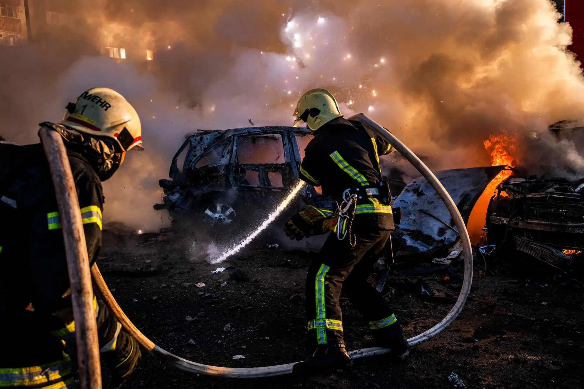 2 firemen extinguishing cars, burning houses in the background