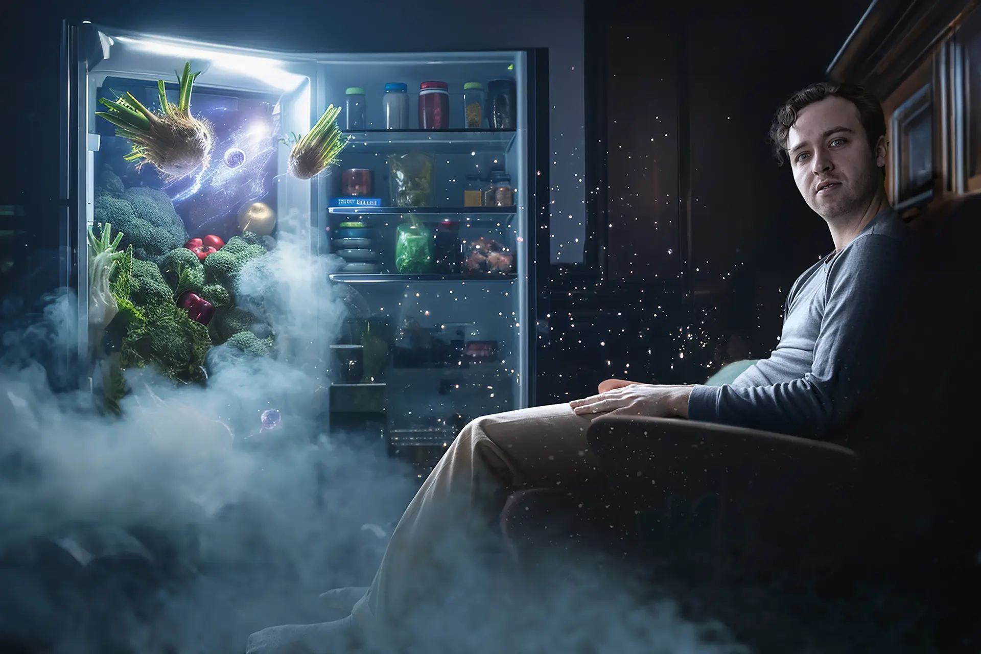 Man in armchair sitting in front of open fridge where vegetables fly out