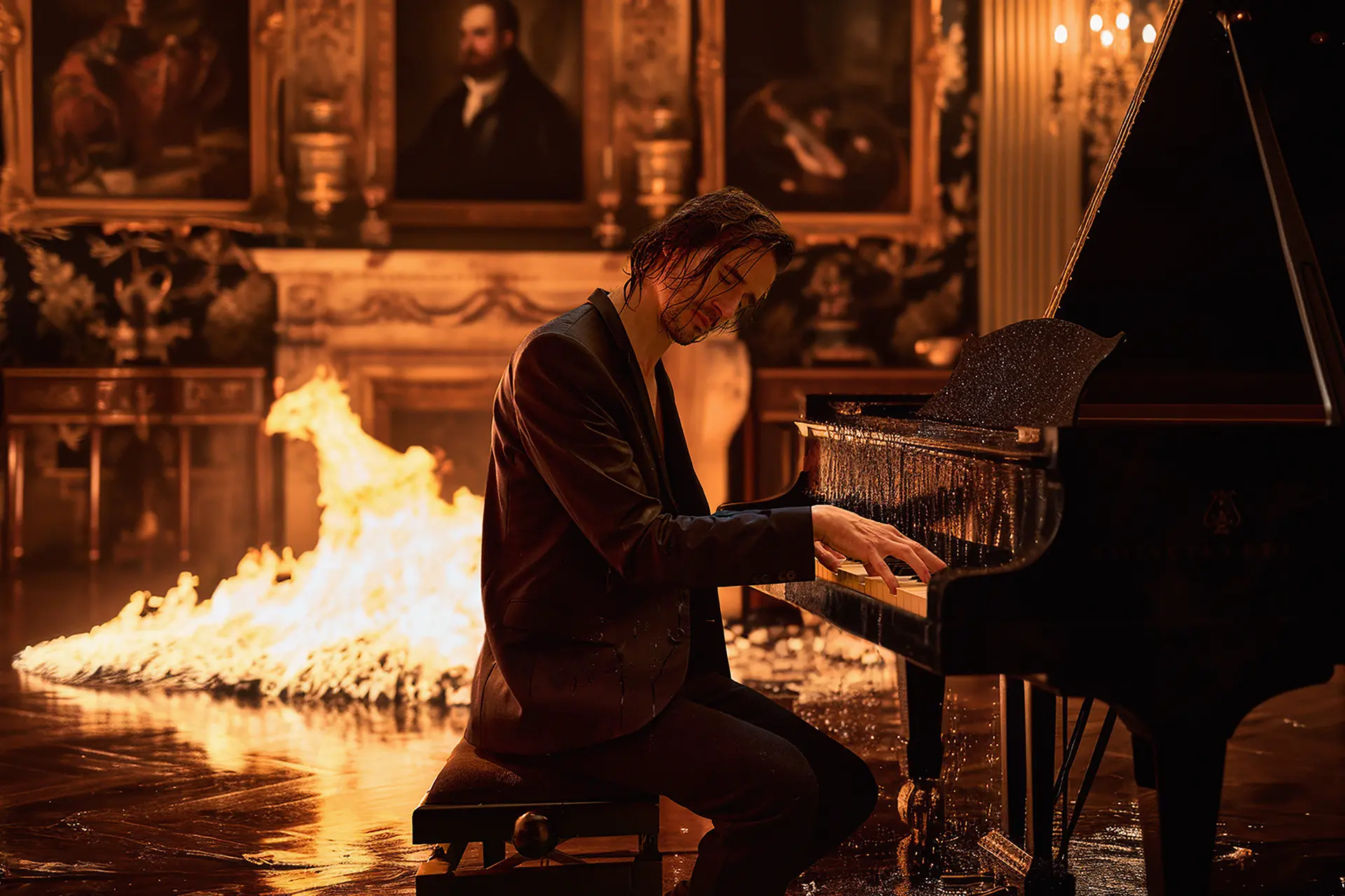 Man at the piano, with fire on the floor
