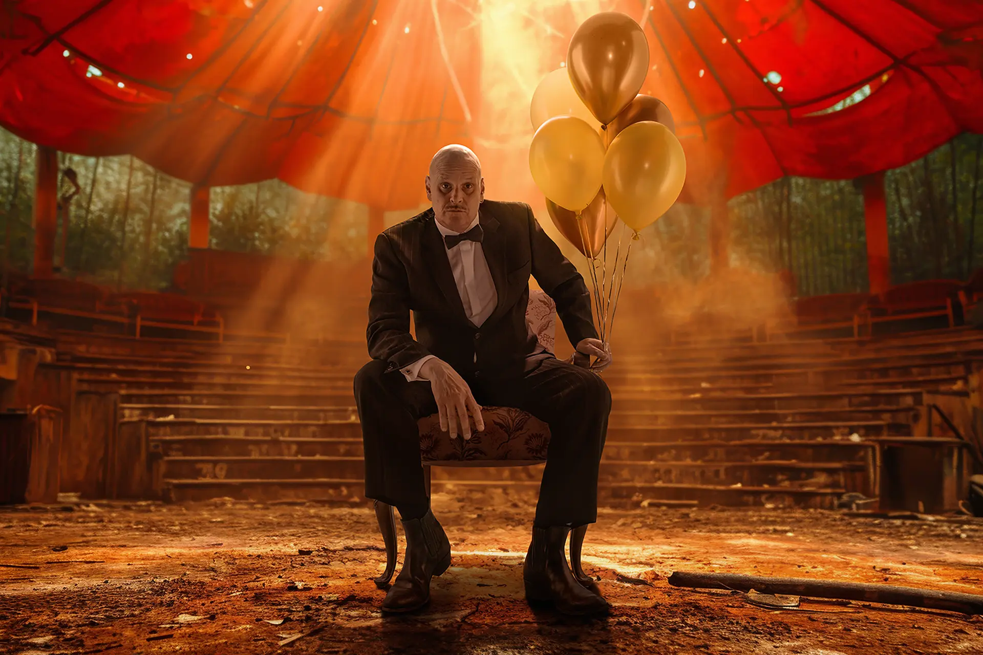 Man in a suit sits on a chair in an empty, old circus tent and holds balloons in his hand