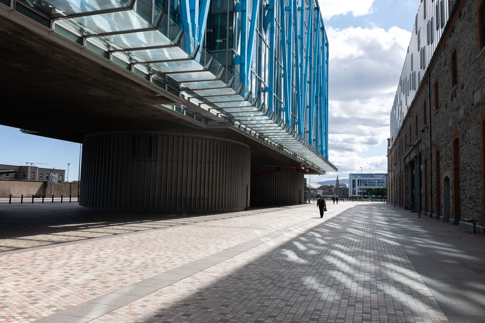 Architectural building with blue steel beams