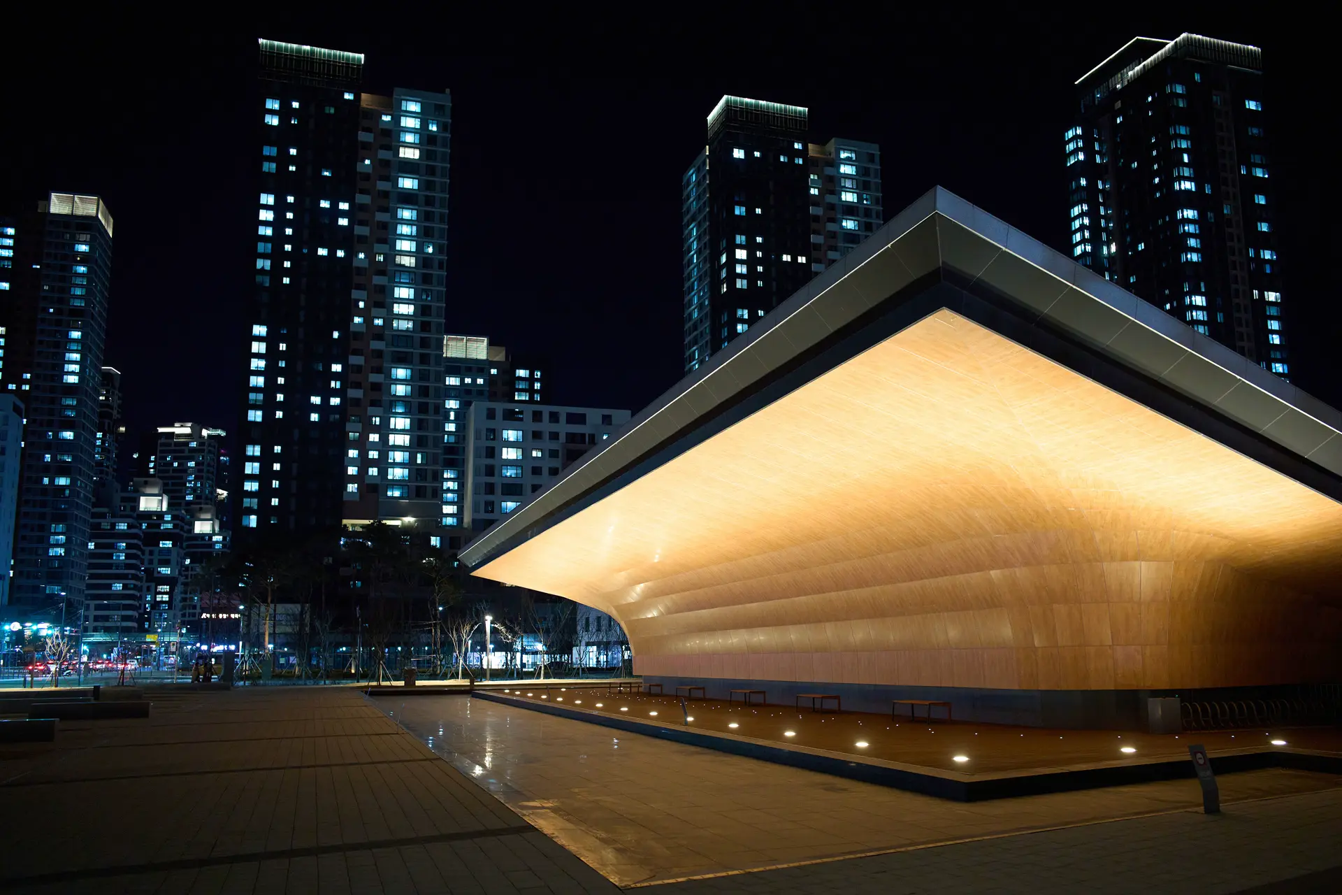 Architectural building photographed at night