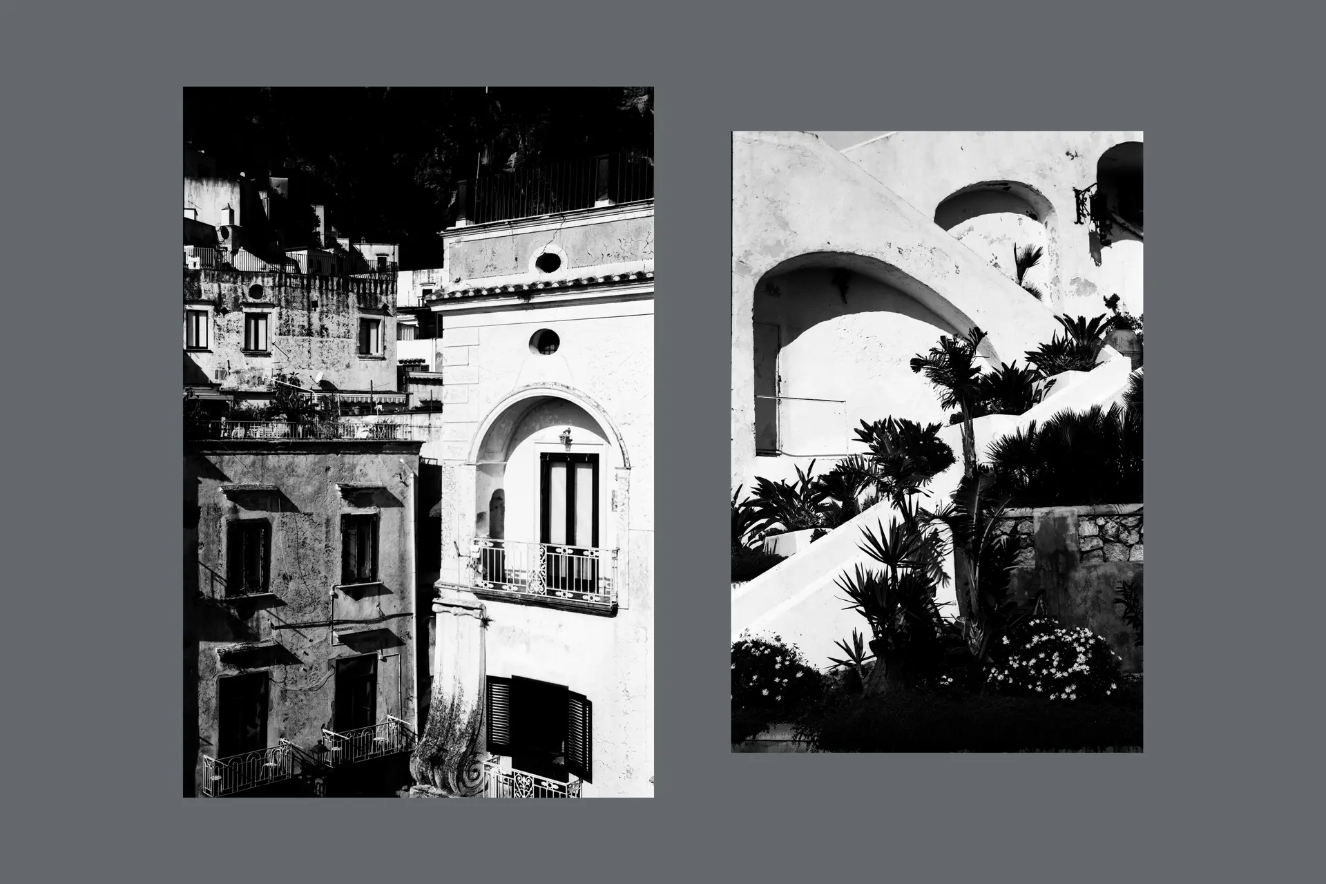 Buildings inside a town in black and white.