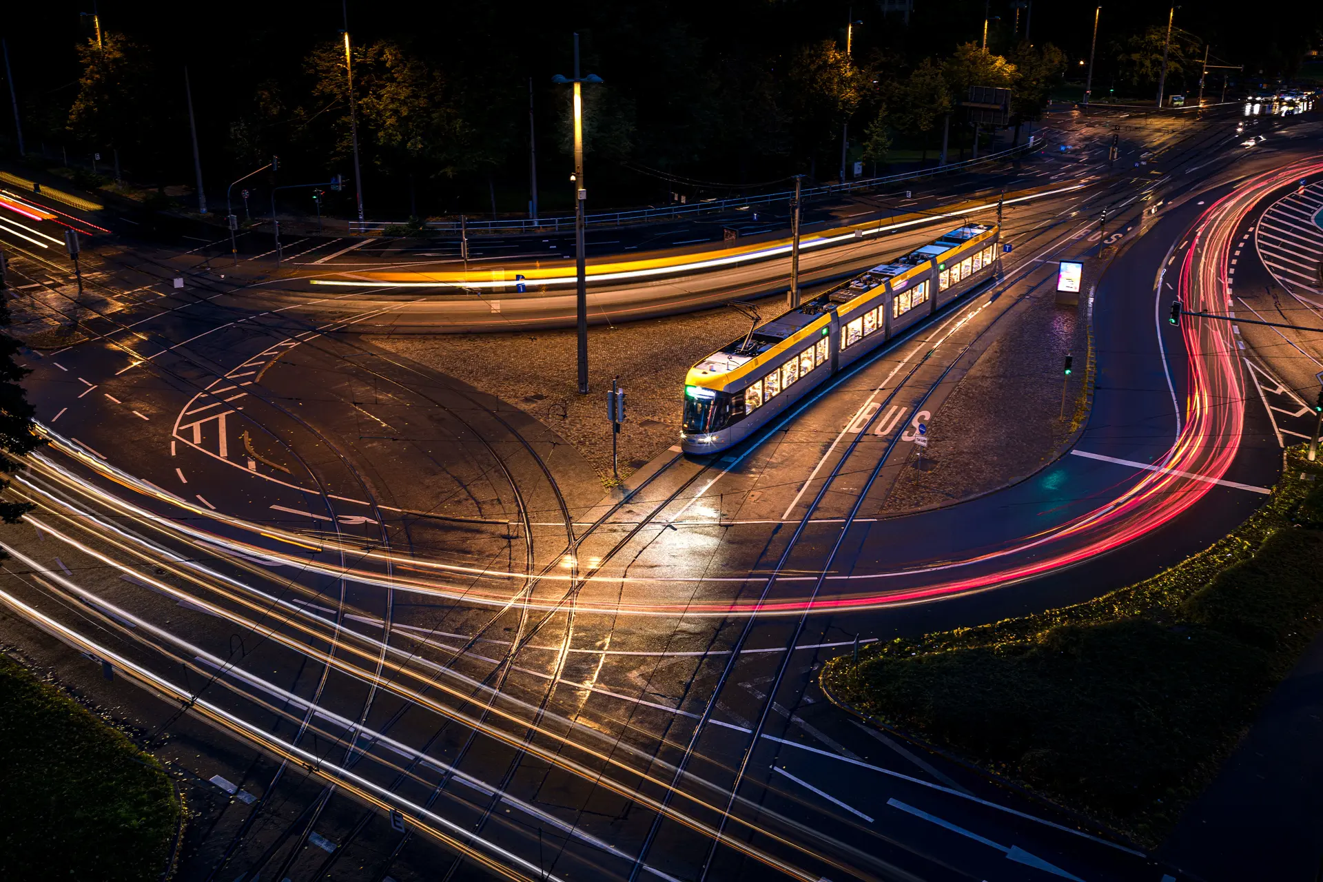 Tram and lights at night