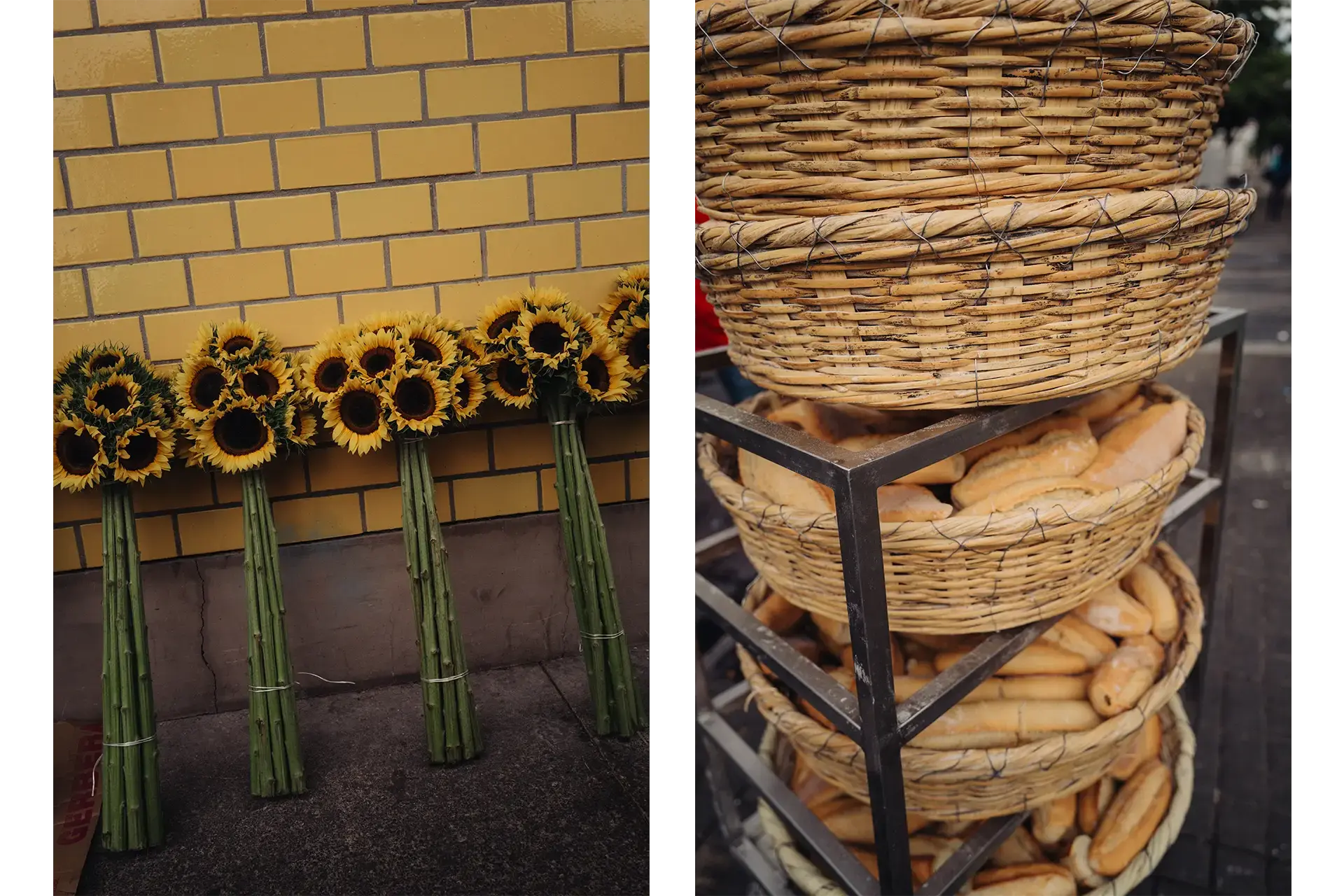 Two images of sunflowers and baskets of bread