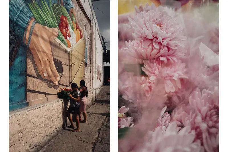 Flowers with an image of women preparing for the market