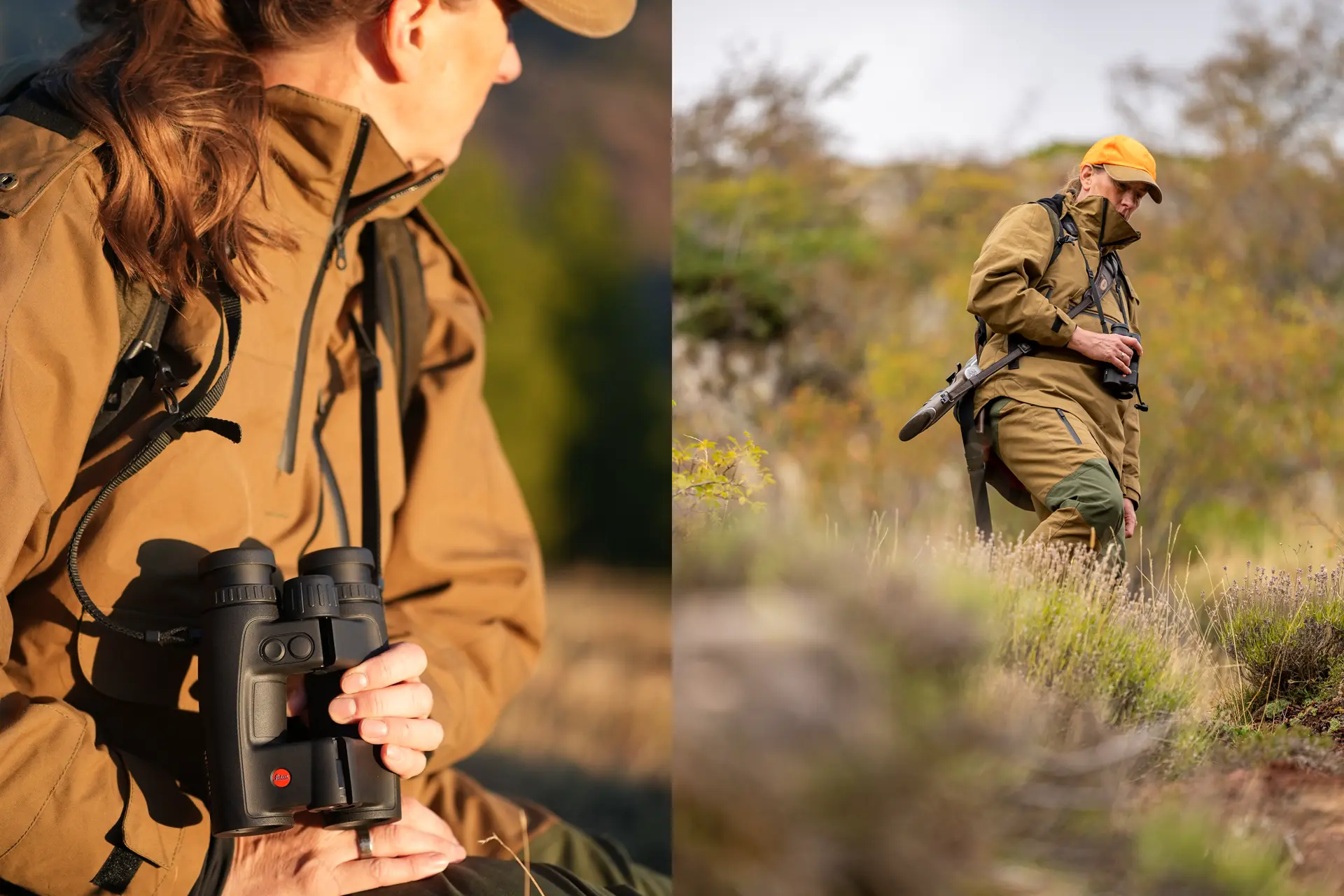 Huntress with her Leica Geovid Pro in the South of France