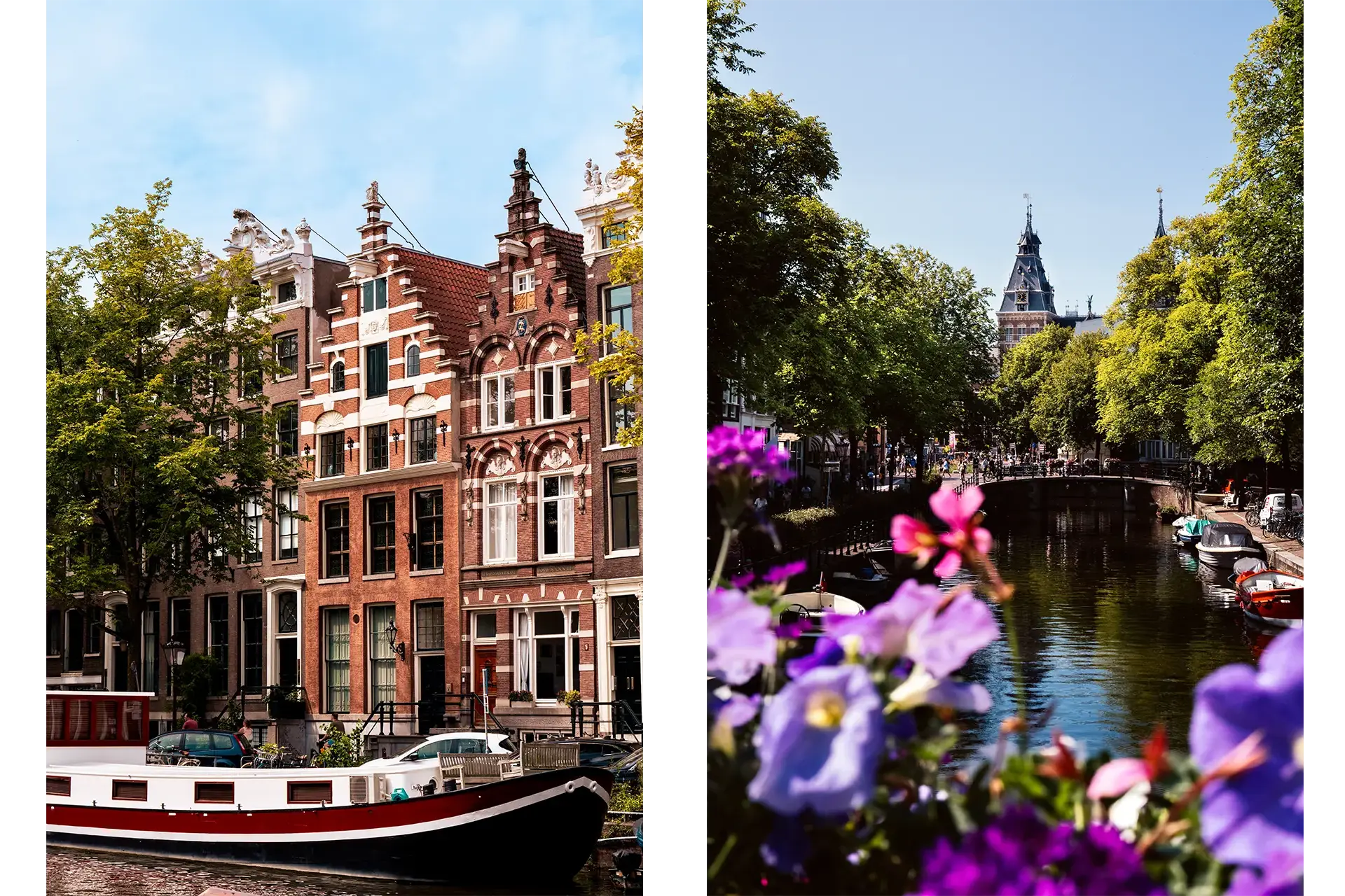 Flowers and canal boats in Amsterdam