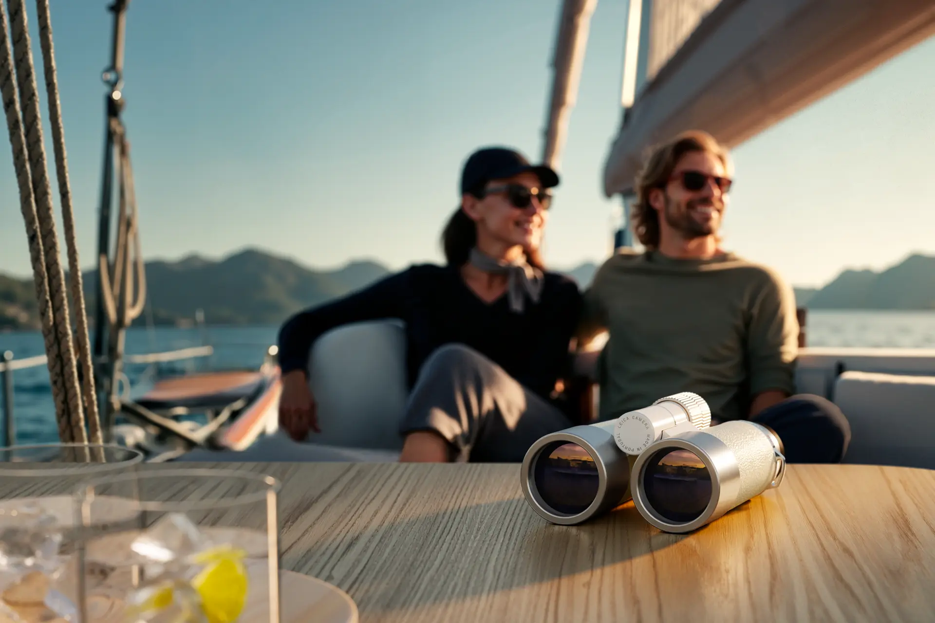 Two people on a sailing boat with a Leica Ultravid White Ocean