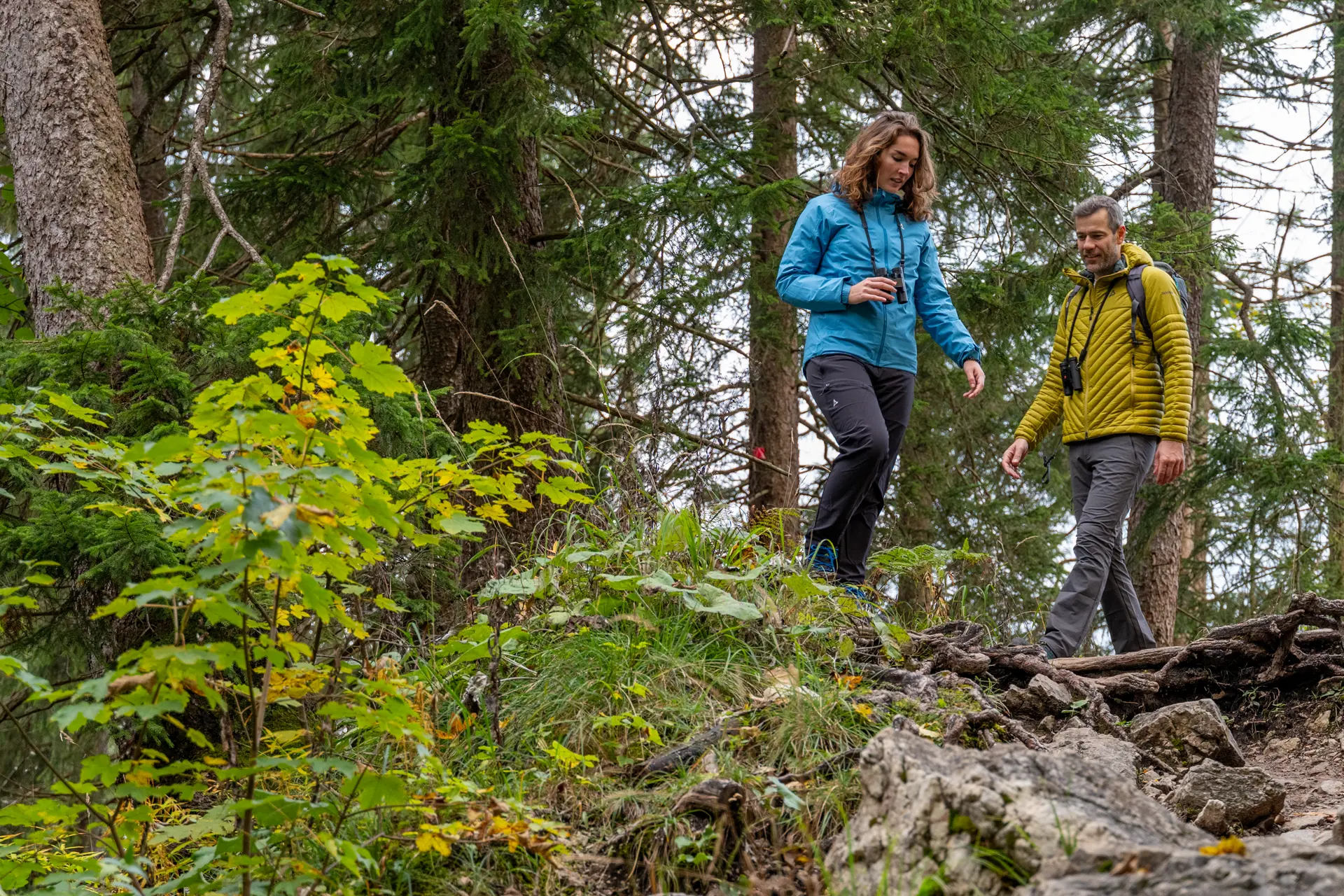 Two hikers are walking down the mountains