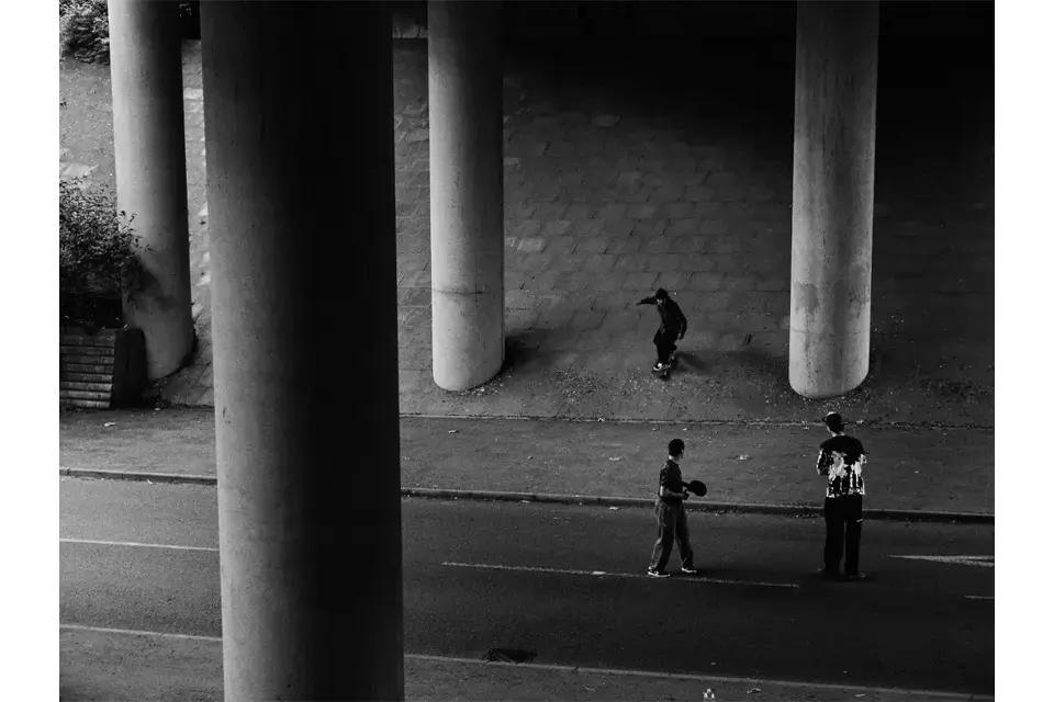 Black and White image of two skaters. 