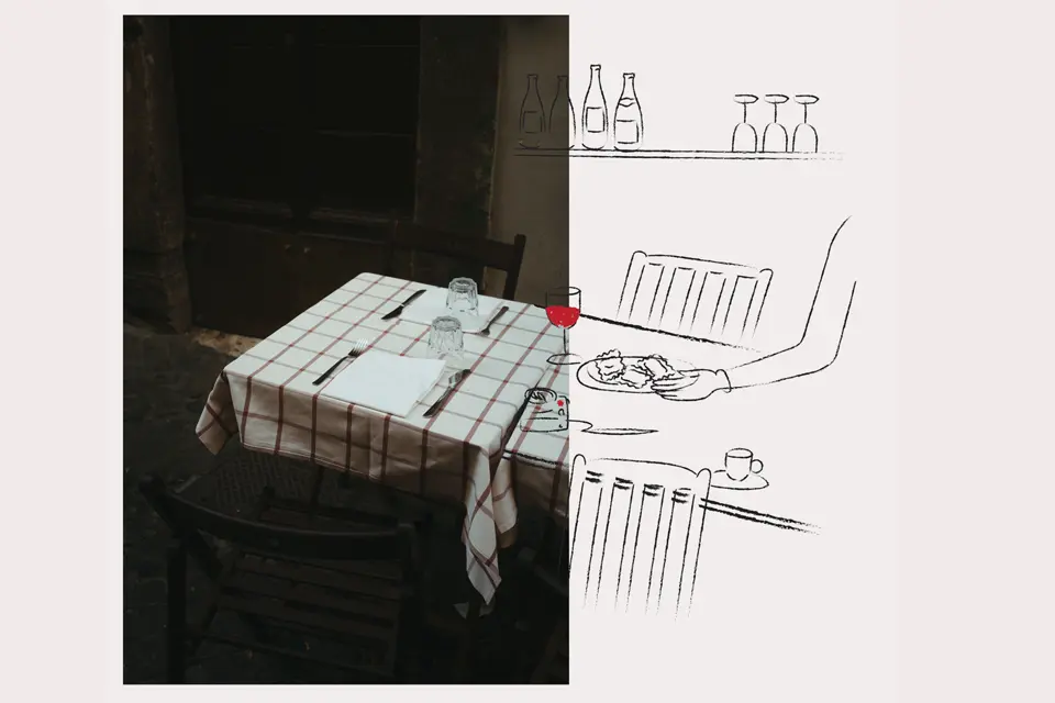 Image of a table consisting of one half photographed and one half drawn