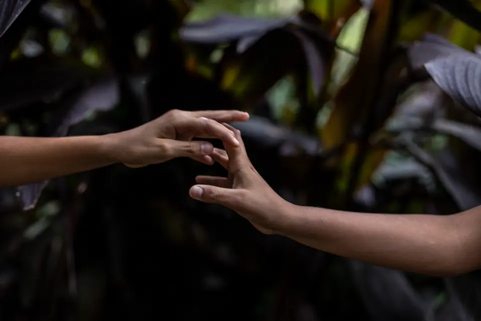 Two hands reach for each other.