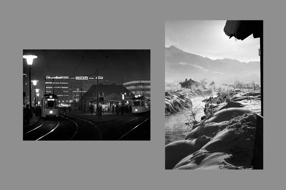 Black and white image of a river in the mountains.