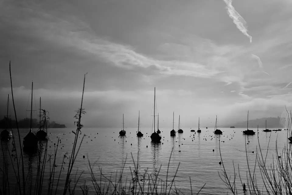 Lake with boats black and white