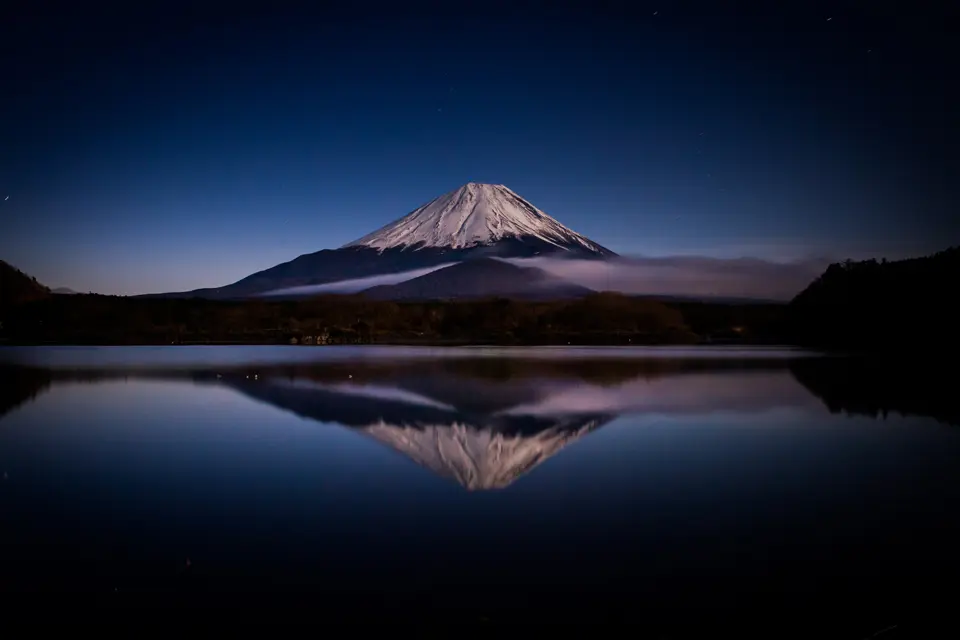 Mount Fuji in Japan in sunrise fog