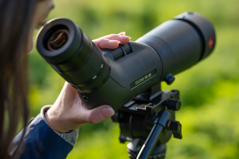 Woman looking through her Leica Televid HD spotting scope