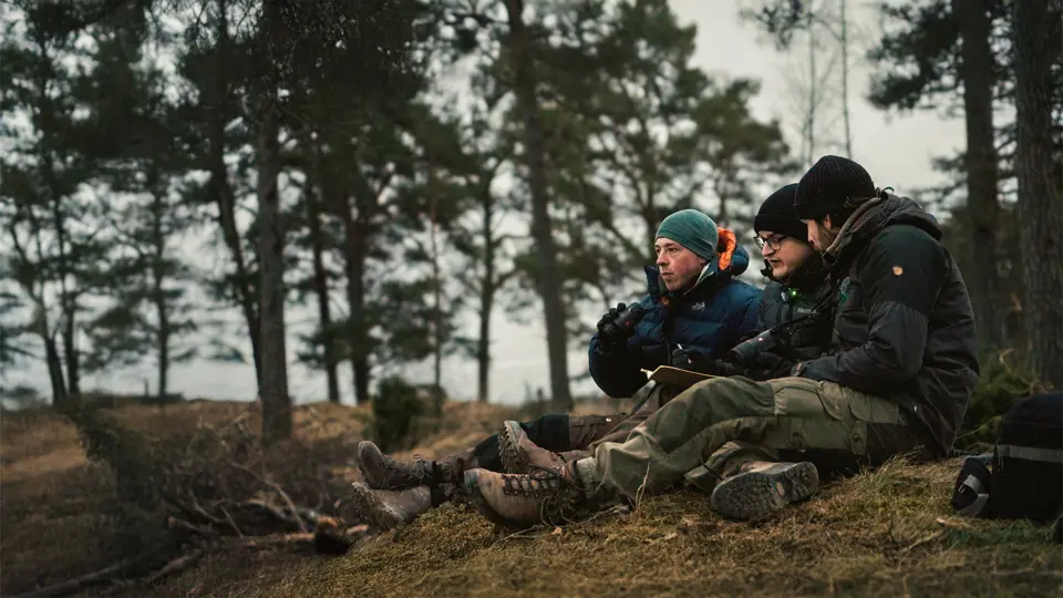Three wildlife observers in outdoor gear sitting in a forest during dusk, using Leica binoculars and thermal imaging equipment while on a lynx stakeout.