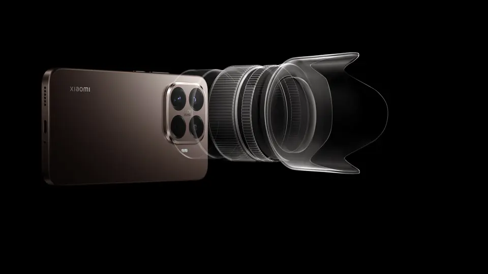 Xiaomi 15T Pro mocha gold with lens hood in front of camera lenses.