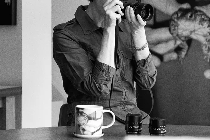 Portrait of Mary McCartney in London with her Leica M11-P. 