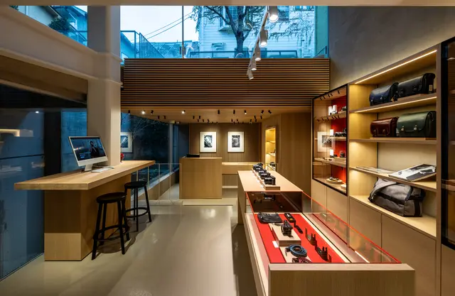 Product shelfs in the Leica Camera Store Tokyo Omotesando.