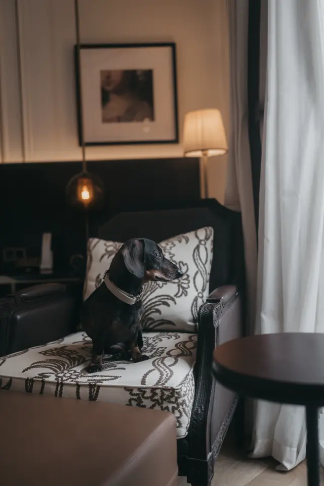 Dachshund sits on an armchair in an elegantly furnished room