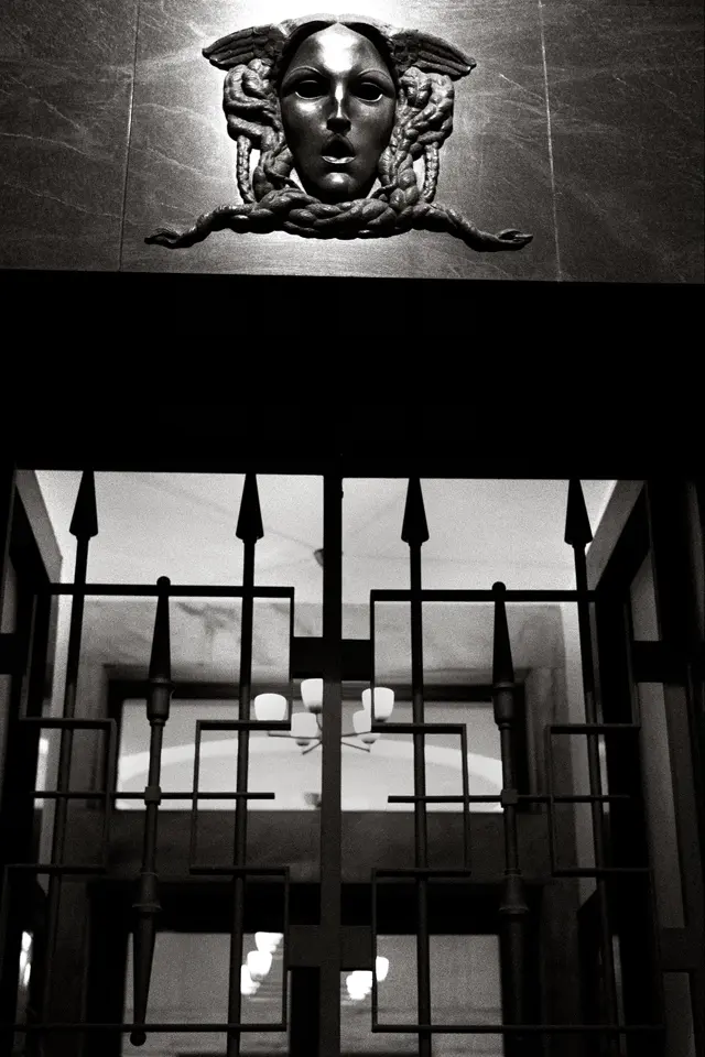 black and white photography entrance building