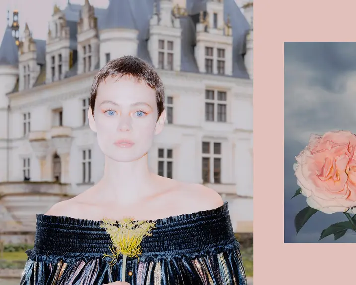 Two-part picture with a portrait of a woman in front of a castle and two roses.